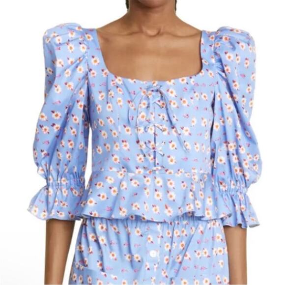 Autumn Adeigbo Mallory Puff Shoulder Blouse in Blue Floral Size 6 - Picture 1 of 7